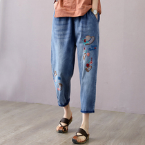 Han Suoyi retro literary summer womens pants embroidered elastic waist jeans womens thin straight pants thin cropped pants