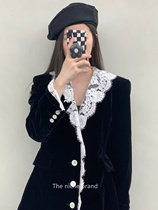 Korea EENK vintage jacket lace stitching velvet blazer casual versatile black top