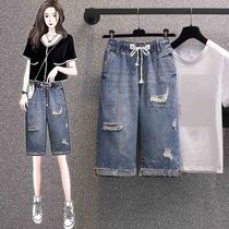 Summer large size hole seven-point jeans womens 200 pounds elastic waist thin pants Fat sister high waist straight pants