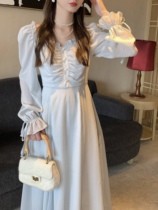 yssier thought french gentle wind age reduction slim square neck flared sleeve dress women 2022 autumn new model