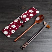 Solid wood chopsticks spoon set Three-ring wooden chopsticks spoon portable bag Wedding gift couple travel eco-friendly tableware