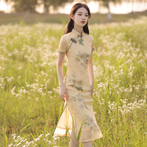 Cheongsam 2021 new female summer plain retro Chinese style flowers long young modified dress