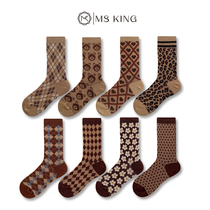 Missking socks womens midline socks ins tide cotton spring and autumn retro British Japanese ringge Curry stacking socks