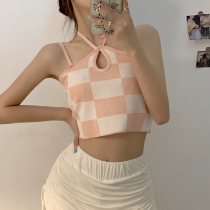 2021 summer new Korean version slim design sense contrast color plaid beauty back short halter neck exposed umbilical camisole women