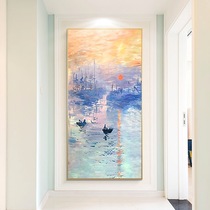Monet Sunrise pure hand-painted oil painting entrance entrance decoration painting modern corridor aisle light luxury landscape vertical painting