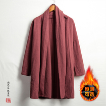 Chinese style linen long shirt loose long windbreaker coat coat large size cotton linen retro cloak mens Hanfu robe