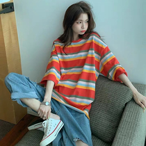 Retro ins Lazy Wind Rainbow Stripe Short Sleeve T-shirt Women 2021 Spring and Summer New Loose chic Hong Kong Tide