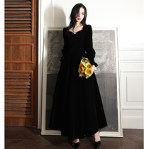Black party evening dress dress female celebrity temperament host dress annual meeting high-end long sleeve velvet advanced sense
