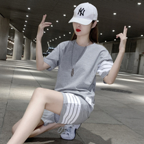 Casual sports suit womens summer thin section 2021 new round neck Korean loose fashion net red fried street two-piece suit