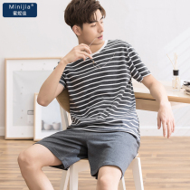 Summer mens pajamas cotton short sleeve shorts plus size loungewear summer cotton casual thin housewear set
