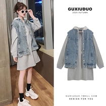 Pregnant women autumn dress new 2021 size fashion set top denim vest two-piece Spring Autumn Tide