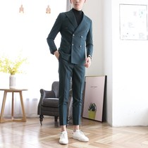 Korean version of the mens double-breasted small suit slim handsome casual suit suit two-piece British fashion trend wedding
