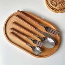 Knife and fork spoon Japanese and Korean ins Wind imitation wooden handle stainless steel dessert fork ice cream spoon household spoon Western food steak knife and fork