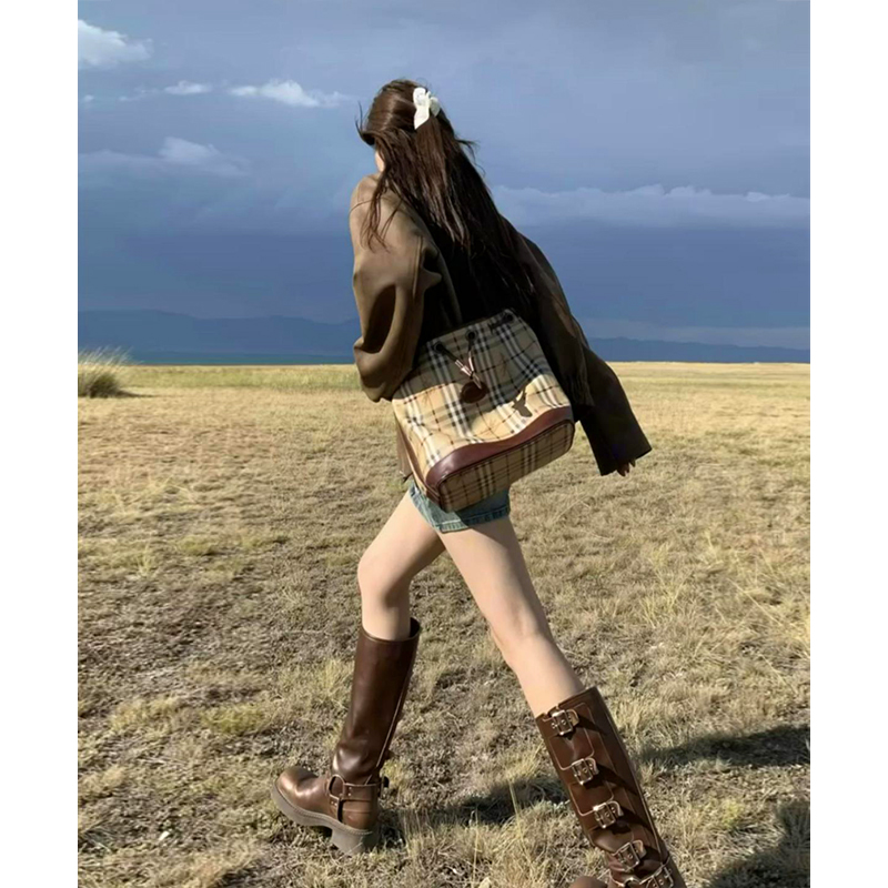 Miu boots, children's American retro high boots, knight boots, brown punk motorcycle boots, long boots, western cowboy boots