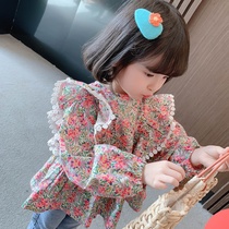 Girls  autumn shirt 2021 baby pure cotton Korean floral shirt Western style male flying sleeve main top doll shirt tide