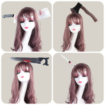 Halloween horror props Axe beheading the whole person tricky bleeding through the head saw axe hairband scary
