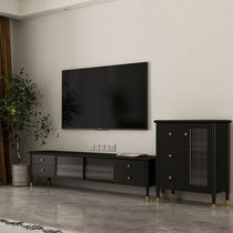 American light luxury solid wood combination TV cabinet Simple modern small apartment living room storage floor cabinet Black whole set