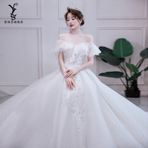 One-word shoulder main wedding dress 2021 new bride big tail high luxury temperament summer court style princess