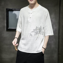 Linen t-shirt mens summer thin Chinese style mens cotton and linen short-sleeved T-shirt summer mens half-sleeve top