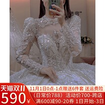 Long sleeve main wedding dress bridal dress bride 2021 new big tailed female starry sky light work Court wind autumn and winter