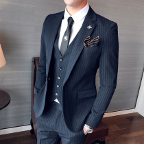 British suit mens suit slim Korean striped handsome three-piece casual business professional dress best man dress