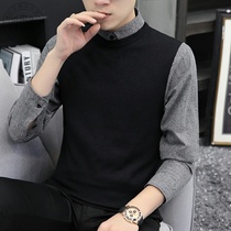 2021 autumn new shirt collar sweater mens Korean version of the base shirt fake two-piece line clothing mens youth sweater tide