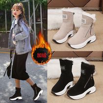 Yang Mi with inner high leather snow boots female waterproof 2021 Winter thick bottom joker plus velvet warm casual boots