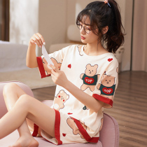 Pajamas womens summer pure cotton short-sleeved shorts summer 2021 new cute bear girls home clothes suit thin section