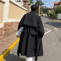Trench coat mens spring and autumn Korean version of the trend retro personality pendant coat popular handsome solid color loose medium and long top