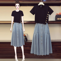 High-end large size womens clothing 2021 summer new fat mm thin T-shirt denim medium-long skirt two-piece suit