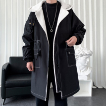 vintage black trench coat men autumn and winter lamb wool cotton coat oversize English style long overcoat