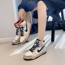 Tide brand leather white shoes womens 2021 spring new Korean high-top shoes thick-soled sports and leisure round-headed dad shoes