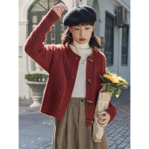 Retro berry red horns buckle thickened sweater coat women autumn and winter small man round neck twist knit cardigan