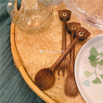 FunLife Life Hall new black walnut dumb cute bear wooden spoon Fork Japanese ins hand made tableware
