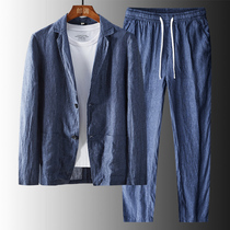Flax casual suit suit mens summer thin loose solid color business wild hemp material breathable suit two-piece suit