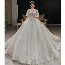 Starry sky main wedding dress 2021 new bride heavy industry luxury tail French high-end court wind cover arm summer woman