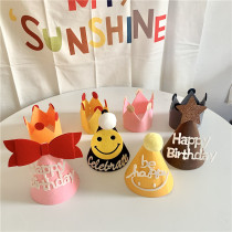 Korea ins Happy birthday hat Cute smiley face Felt non-woven bow Baby 100th birthday party
