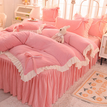 Winter thick coral fleece four-piece double-sided velvet bow princess style bedding sheets quilt cover bed podium