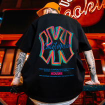 American retro tide card short sleeve T-shirt male and American wind big code mens clothing plus fattening up trend hip hop loose half sleeve
