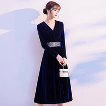 High-end velvet evening dress female 2021 New temperament banquet light luxury niche senior sense mother wedding banquet long sleeve