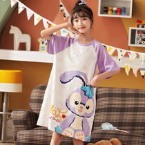 Girls Nightdress Summer Cotton Short Sleeve Mid-Big Child Summer Thin Cotton Cartoon Rabbit Girl Princess Childrens Pajamas