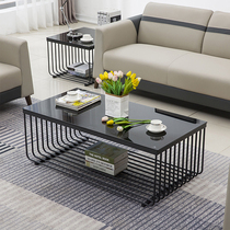 Minimalist modern office sofa tea table combination suit light lavish explosion-proof tempered glass tea table modern steel frame feet