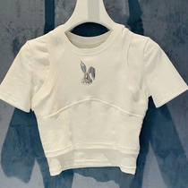 Design Sense Minor in Summer 2022 Korean Crewneck Fake Two Bunny Printed Short Sleeve Waist Joker T-shirt ins