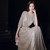 Golden evening dress dress female high-end banquet temperament host annual meeting sequins slim high quality winter Long