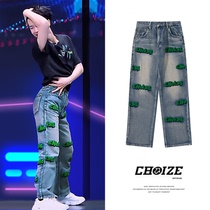 CHOIZE Street vintage loose woolen cloth embroidered washed jeans ins casual high street niche mens and womens trousers