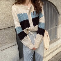 Autumn and winter lazy wind retro knitted cardigan Korean chic color color striped small sweater coat women