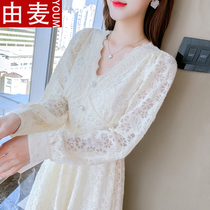 By McV collar lace dress women's autumn 2021 new tide autumn temperament slim waist dress