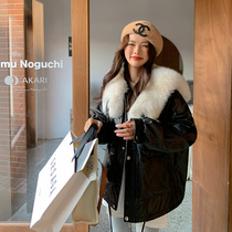2021 new fox fur collar leather parker coat women winter fox fur collar leather down jacket women's coat