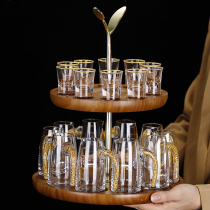 Creative crystal glass glass glass double-layer wooden pallet drawing gold foil white glass household one-cup scale wine divider