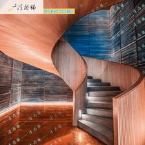 Beijing steel stair indoor rotating net red glass solid wood handrail Villa guardrail modern arc steel straight ladder